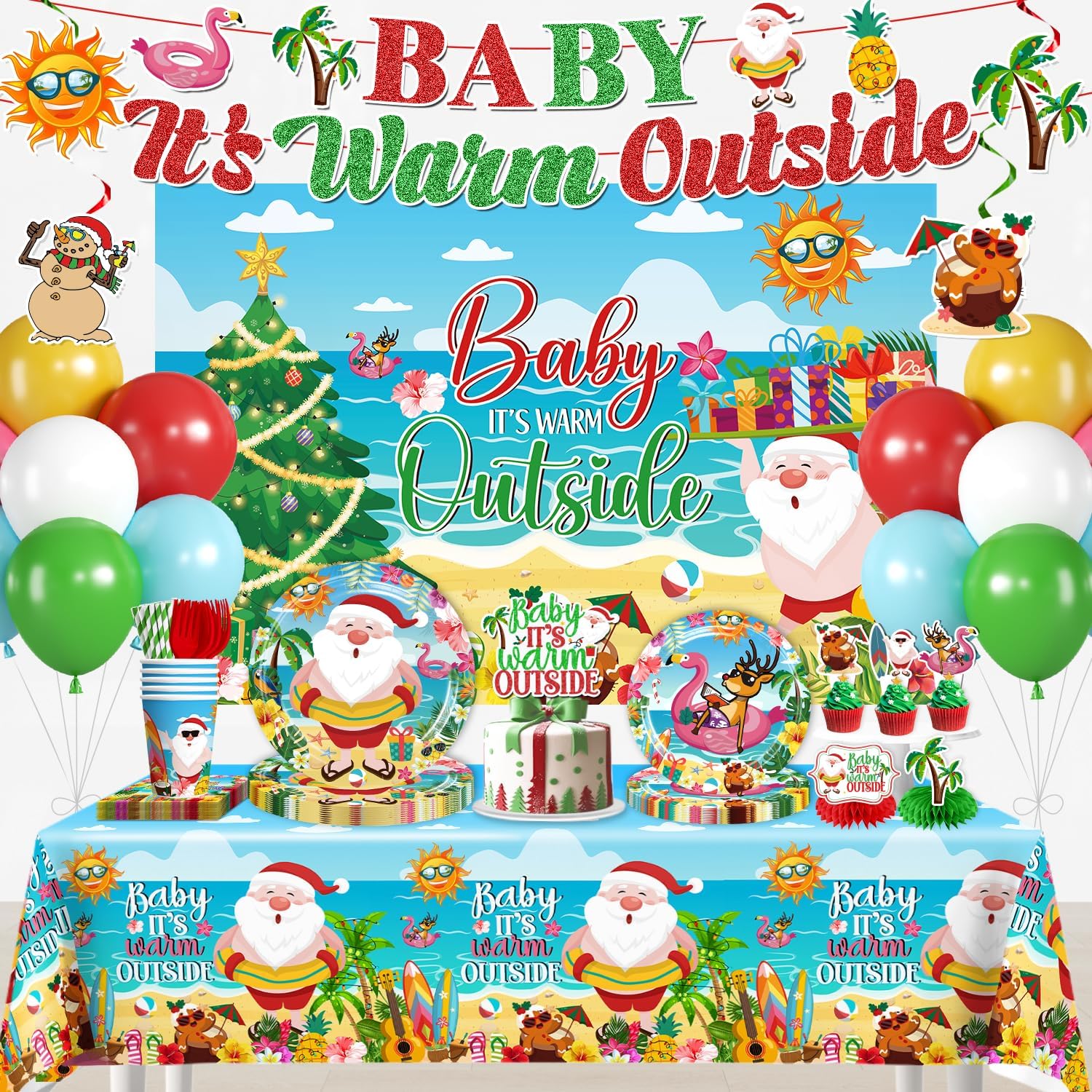 cocomigo-christmas-in-july-party-supplies-set-196pcs-baby-its-warm-outside-decor-for-25-guests-01 cocomigo Christmas in July party set with "Baby It's Warm Outside" banner, plates, cups, and tropical decorations.
