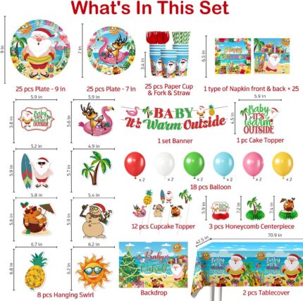 cocomigo Christmas in July party set with "Baby It's Warm Outside" banner, plates, cups, and tropical decorations.