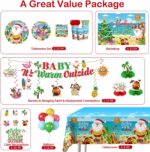 cocomigo Christmas in July party set with "Baby It's Warm Outside" banner, plates, cups, and tropical decorations.