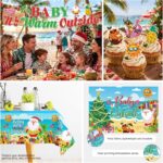 cocomigo Christmas in July party set with "Baby It's Warm Outside" banner, plates, cups, and tropical decorations.