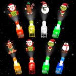 A hand wearing multiple colorful LED Christmas finger lights projecting festive images like Santa and snowmen in the dark.