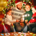 A hand wearing multiple colorful LED Christmas finger lights projecting festive images like Santa and snowmen in the dark.