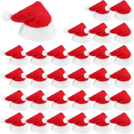 A close-up view of 30 small red and white Santa Claus hats, designed for decorating lollipops or small candies.