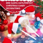 A close-up view of 30 small red and white Santa Claus hats, designed for decorating lollipops or small candies.