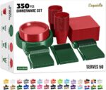 A complete set of red and green disposable party supplies, including dinner plates, appetizer plates, cups, napkins, and cutl