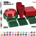 A complete set of red and green disposable party supplies, including dinner plates, appetizer plates, cups, napkins, and cutl