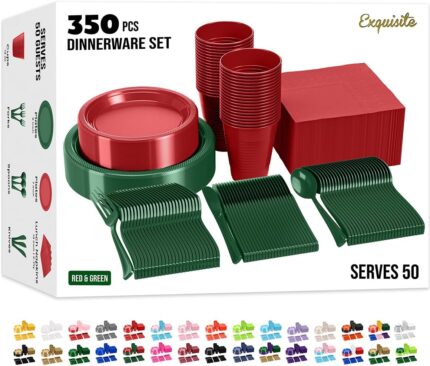 A complete set of red and green disposable party supplies, including dinner plates, appetizer plates, cups, napkins, and cutl
