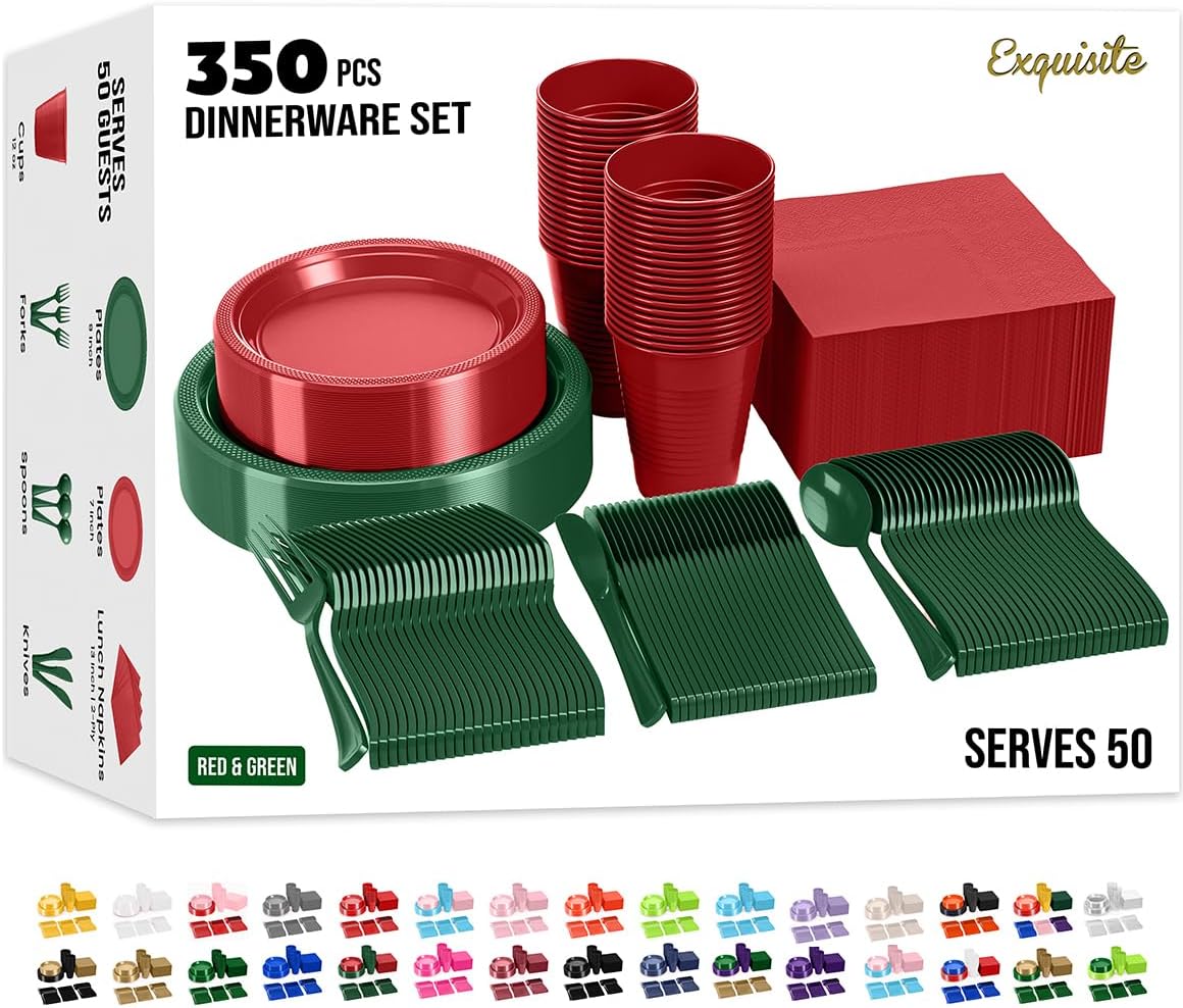 exquisite-350-piece-red-green-disposable-dinnerware-set-for-50-guests-01 A complete set of red and green disposable party supplies, including dinner plates, appetizer plates, cups, napkins, and cutl