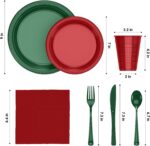 A complete set of red and green disposable party supplies, including dinner plates, appetizer plates, cups, napkins, and cutl