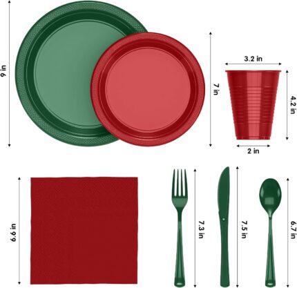 A complete set of red and green disposable party supplies, including dinner plates, appetizer plates, cups, napkins, and cutl