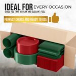 A complete set of red and green disposable party supplies, including dinner plates, appetizer plates, cups, napkins, and cutl