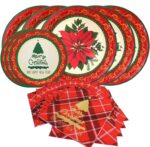 Red poinsettia patterned disposable dinner plates, dessert plates, and folded napkins for a Christmas party setting.