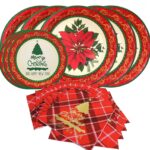 Red poinsettia patterned disposable dinner plates, dessert plates, and folded napkins for a Christmas party setting.