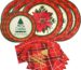 Red poinsettia patterned disposable dinner plates, dessert plates, and folded napkins for a Christmas party setting.
