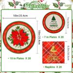 Red poinsettia patterned disposable dinner plates, dessert plates, and folded napkins for a Christmas party setting.