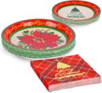 Red poinsettia patterned disposable dinner plates, dessert plates, and folded napkins for a Christmas party setting.