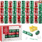 Close-up of a stack of JOYIN red and green snowflake-patterned non-snap Christmas party favors with small gifts inside.
