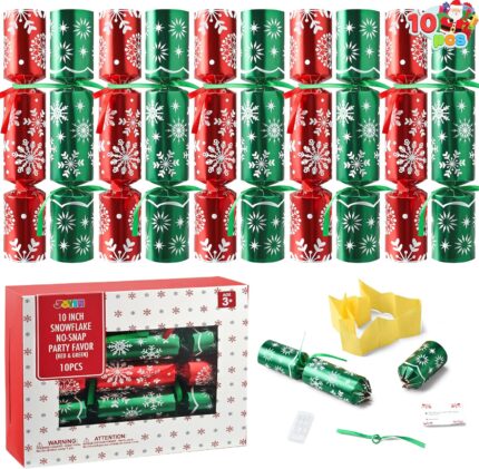 Close-up of a stack of JOYIN red and green snowflake-patterned non-snap Christmas party favors with small gifts inside.