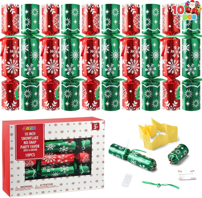 Close-up of a stack of JOYIN red and green snowflake-patterned non-snap Christmas party favors with small gifts inside.