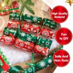 Close-up of a stack of JOYIN red and green snowflake-patterned non-snap Christmas party favors with small gifts inside.