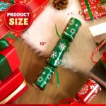 Close-up of a stack of JOYIN red and green snowflake-patterned non-snap Christmas party favors with small gifts inside.