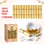 A close-up view of multiple gold snowflake Christmas party favors, some open revealing paper hats and small gifts.