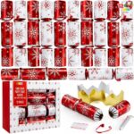 A set of 12 red and white snowflake-themed Christmas party favors, each containing a hat, joke, and small gift.