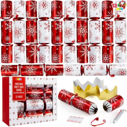 A set of 12 red and white snowflake-themed Christmas party favors, each containing a hat, joke, and small gift.