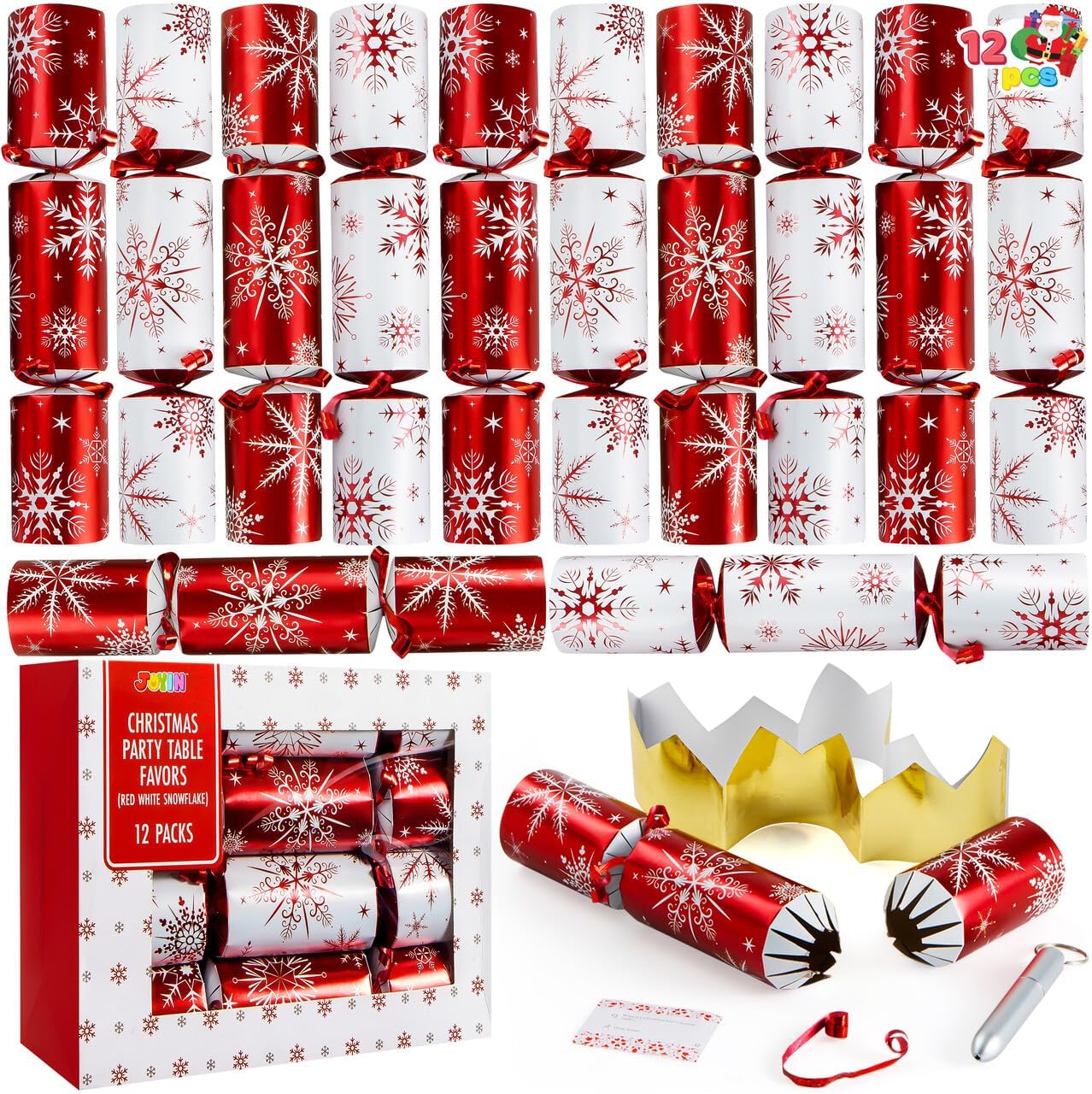 joyin-12-pack-red-white-snowflake-christmas-party-favors-non-snap-table-set-01 A set of 12 red and white snowflake-themed Christmas party favors, each containing a hat, joke, and small gift.