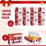 A set of 12 red and white snowflake-themed Christmas party favors, each containing a hat, joke, and small gift.
