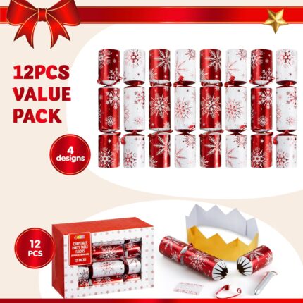A set of 12 red and white snowflake-themed Christmas party favors, each containing a hat, joke, and small gift.