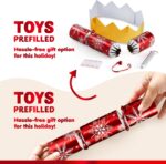 A set of 12 red and white snowflake-themed Christmas party favors, each containing a hat, joke, and small gift.