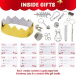 A set of 12 red and white snowflake-themed Christmas party favors, each containing a hat, joke, and small gift.