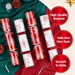 A set of 12 red and white snowflake-themed Christmas party favors, each containing a hat, joke, and small gift.