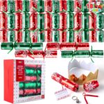 Eighteen red and green snowflake-themed no-snap Christmas party favors, each containing a crown, joke, and gift.