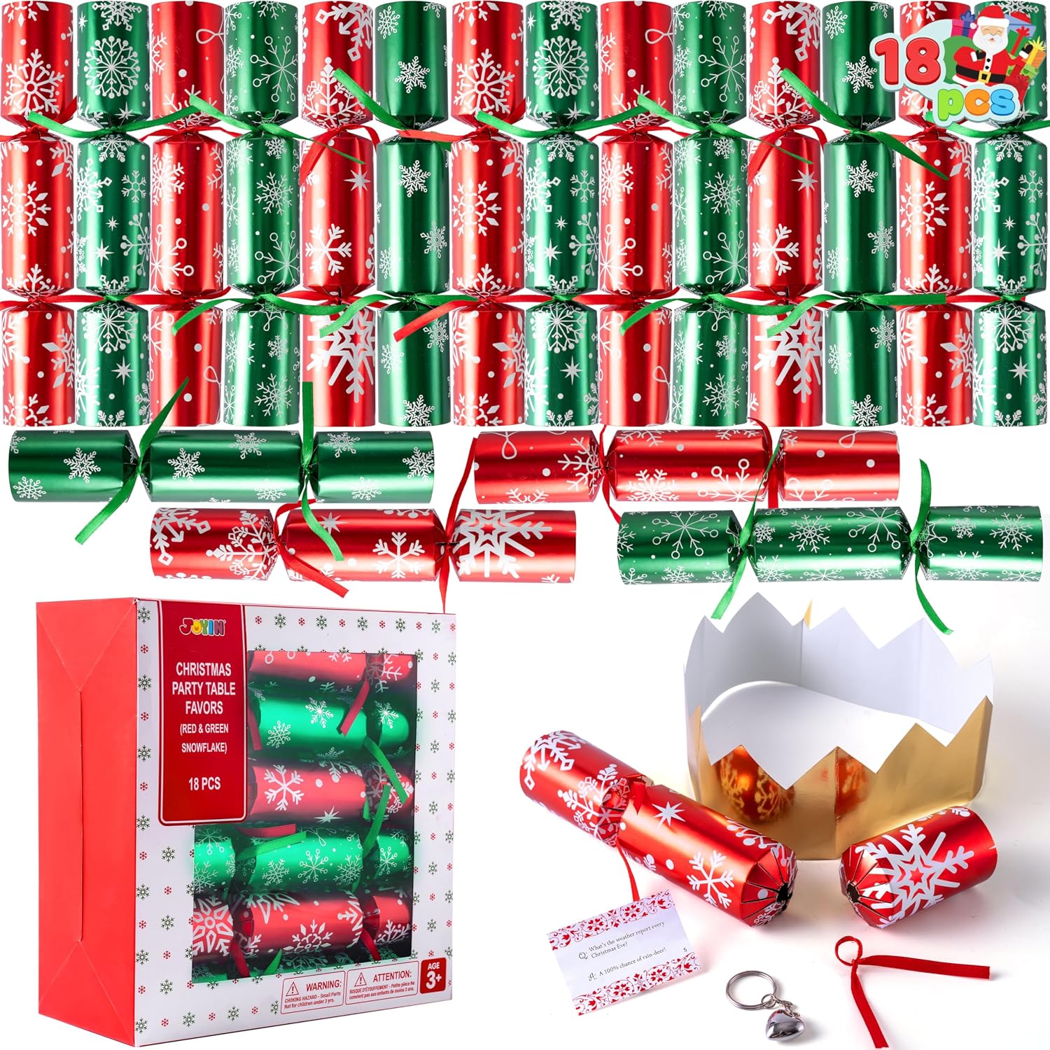 joyin-18-pack-red-green-snowflake-christmas-no-snap-party-favors-for-kids-01 Eighteen red and green snowflake-themed no-snap Christmas party favors, each containing a crown, joke, and gift.