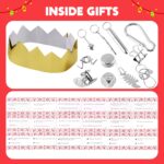 Eighteen red and green snowflake-themed no-snap Christmas party favors, each containing a crown, joke, and gift.