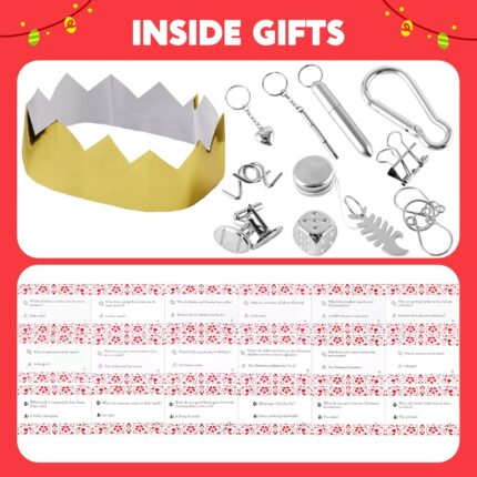 Eighteen red and green snowflake-themed no-snap Christmas party favors, each containing a crown, joke, and gift.