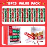 Eighteen red and green snowflake-themed no-snap Christmas party favors, each containing a crown, joke, and gift.