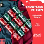 Eighteen red and green snowflake-themed no-snap Christmas party favors, each containing a crown, joke, and gift.