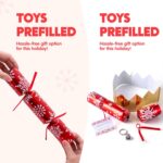 Eighteen red and green snowflake-themed no-snap Christmas party favors, each containing a crown, joke, and gift.