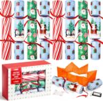 Close-up of JOYIN 8-pack Christmas table favors in red and green, showing hats, jokes, and small gifts.