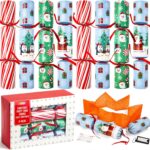Close-up of JOYIN 8-pack Christmas table favors in red and green, showing hats, jokes, and small gifts.