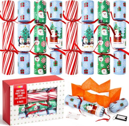 Close-up of JOYIN 8-pack Christmas table favors in red and green, showing hats, jokes, and small gifts.