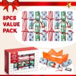 Close-up of JOYIN 8-pack Christmas table favors in red and green, showing hats, jokes, and small gifts.