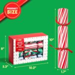 Close-up of JOYIN 8-pack Christmas table favors in red and green, showing hats, jokes, and small gifts.
