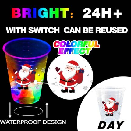 A set of 24 clear plastic 16oz mishunyus Christmas party cups with LED lights glowing, decorated with holiday stickers.