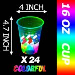 A set of 24 clear plastic 16oz mishunyus Christmas party cups with LED lights glowing, decorated with holiday stickers.