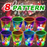 A set of 24 clear plastic 16oz mishunyus Christmas party cups with LED lights glowing, decorated with holiday stickers.