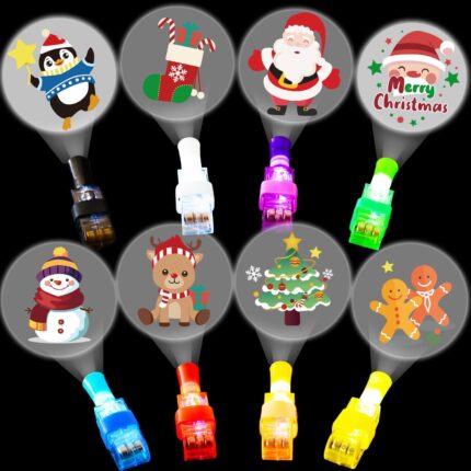 A collection of 40 assorted Christmas-themed finger lights in various colors, glowing in the dark with festive designs.